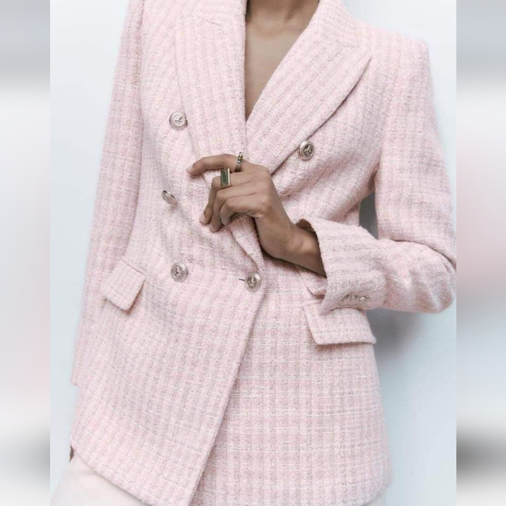 Zara Pink Tweed Double-Breasted Blazer - Picture 7 of 14